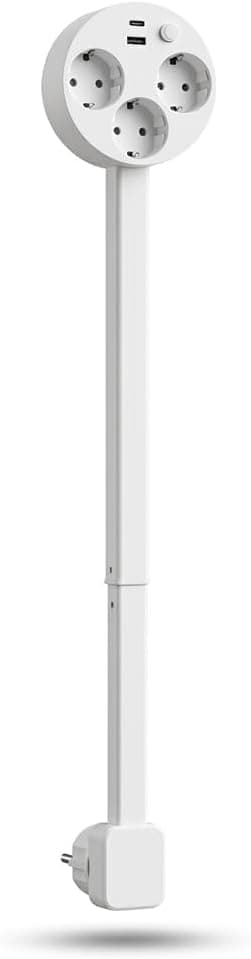 Enshall Protech 3580W Fonksiyonel Duvar Prizi – 45-65 cm Ayarlanabilir Teleskopik Uzatma, 180° Sağa/Sola Dönebilen Başlık, 3 AC Soket, 1 Type-C ve 1 USB Portlu Çoklu Duvar Adaptörü, Beyaz