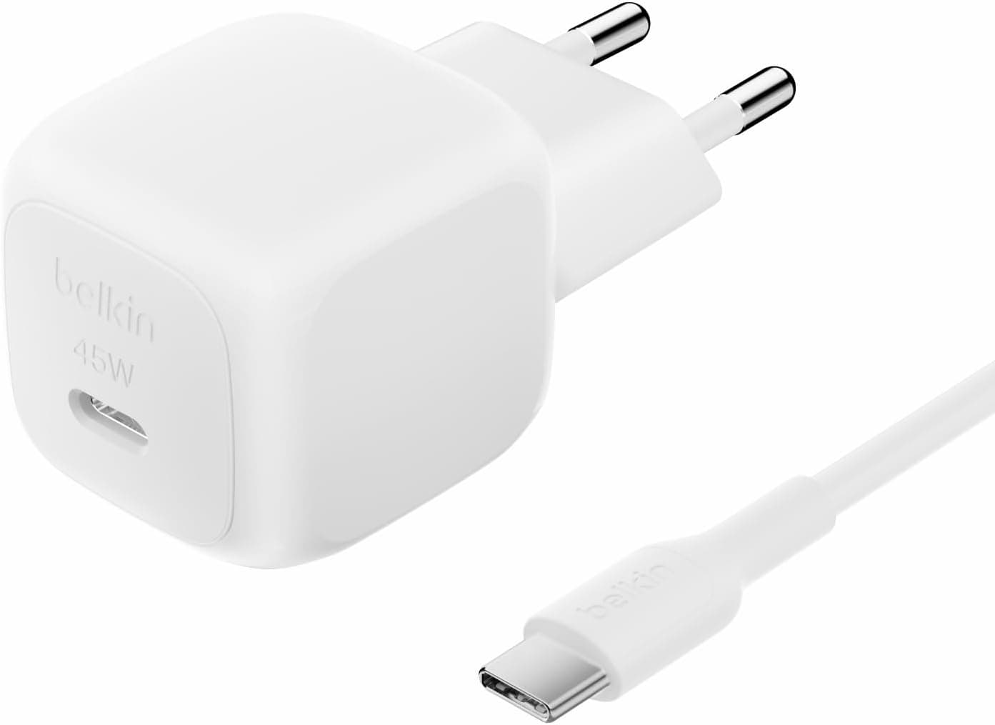 Belkin Kompakt Duvar Şarj Cihazı 45 W + USB-C - USB-C Kablosu, Apple iPhone 17, 16, 15, 14, Plus, Pro, Pro Max, Samsung Galaxy S25 Serisi, S24, Pixel 9, iPad, AirPods ve Fazlası için Hızlı Şarj, Beyaz