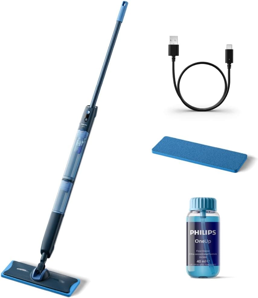 Philips OneUp 5000 Serisi Elektrikli Mop, Kablosuz, Bakterilere karşı %99,9 etkili, 360 derece başlık ile zahmetsiz kullanım, (XV5113/01) | 1 ped, sert ve hassas zeminler için 2 nem seviyesi, kablosuz, 360° döner mafsal (XV5113/01) dahil