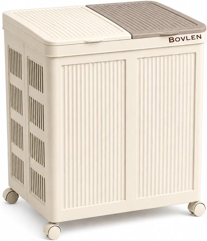 Mega Boy Havalandırmalı Çamaşır Sepeti - 100 Litre Oyuncak Kutusu - Tekerlekli - Çift Bölmeli 2x50 LT - 49.5x36x61 cm - PP+ TPR (Bej)