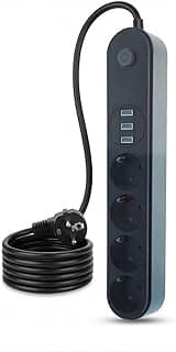 Orret Home 10A Akım Korumalı Uzatma Kablosu 4 Priz 3 USB Girişli 2 Metre Çoklu Priz, Termal Korumalı USB Şarjlı Priz Uzatma Kablosu, Açma Kapama Düğmeli Elektrik Prizi Çoklayıcı