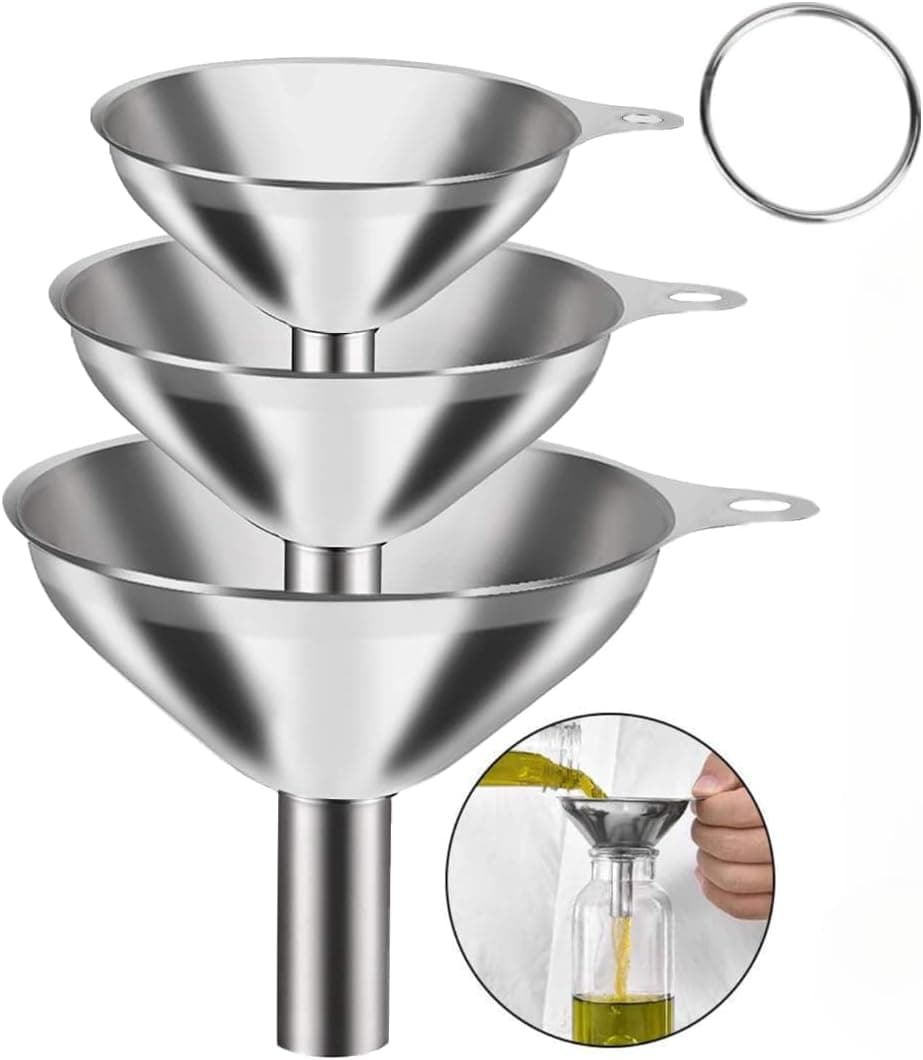 MallArt® Paslanmaz Çelik Mini Huni Seti (3'lü) - 7.5 cm, 5.5 cm, 4.5 cm Dar Ağızlı Sıvı ve Baharat Hunisi, Tutucu Halkalı Mutfak ve Şişe Aktarma Seti