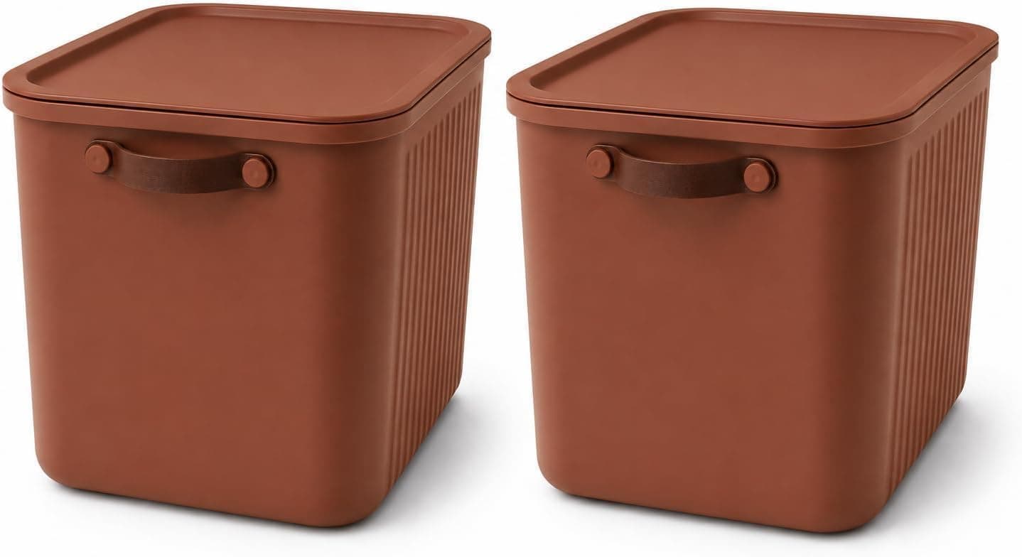 23 LT Kapaklı 2 Adet Organizer Kutu – Yan Kulplu Büyük Boy Plastik Saklama ve Depolama Kutusu – Çok Amaçlı Düzenleyici Kutu – Dolap, Banyo, Ofis ve Oyuncak Düzeni İçin (40x30x25cm) (KİREMİT)
