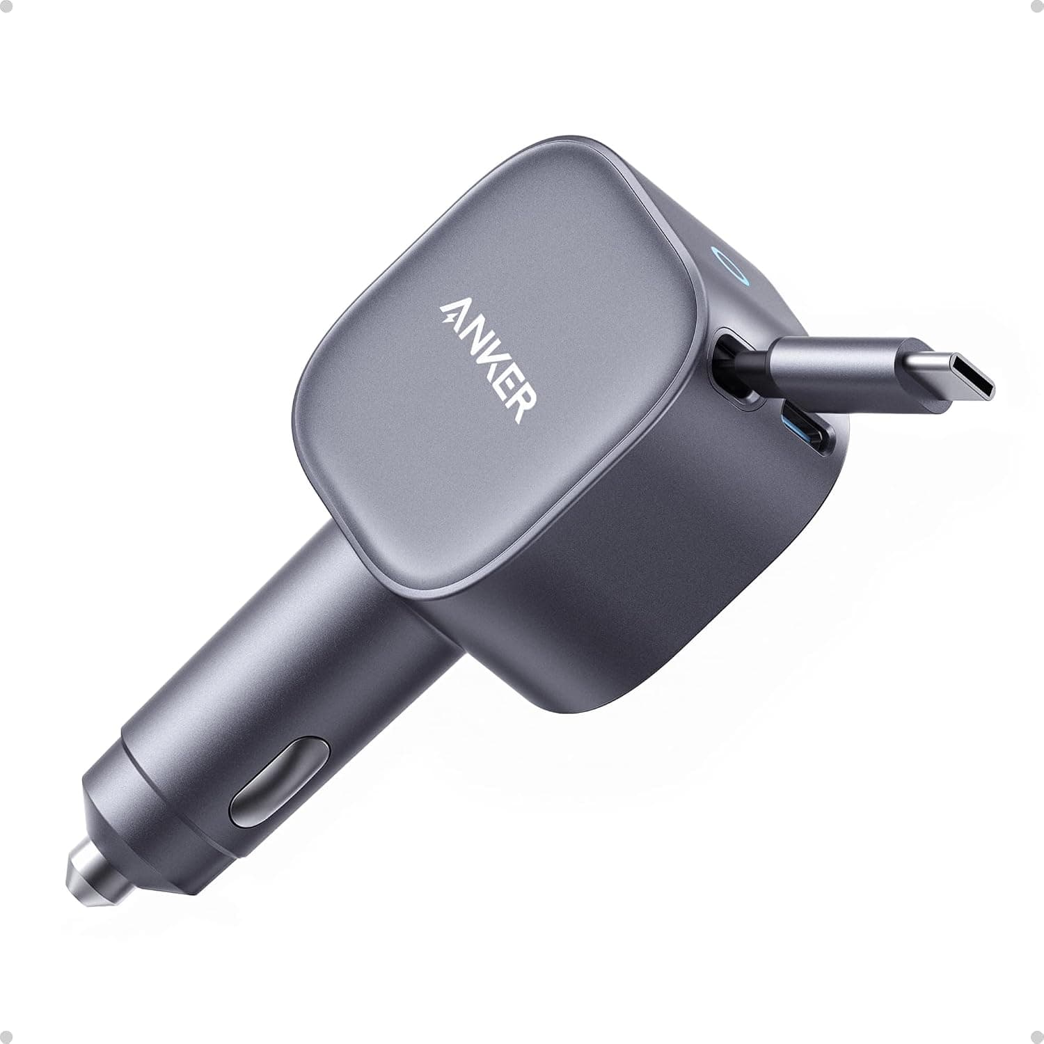 Anker Nano USB-C Araç Şarj Cihazı, 75W, Ultra Kompakt Type-C Hızlı Şarj Cihazı, Entegre Geri Çekilebilir Kablo, Gri - A2738