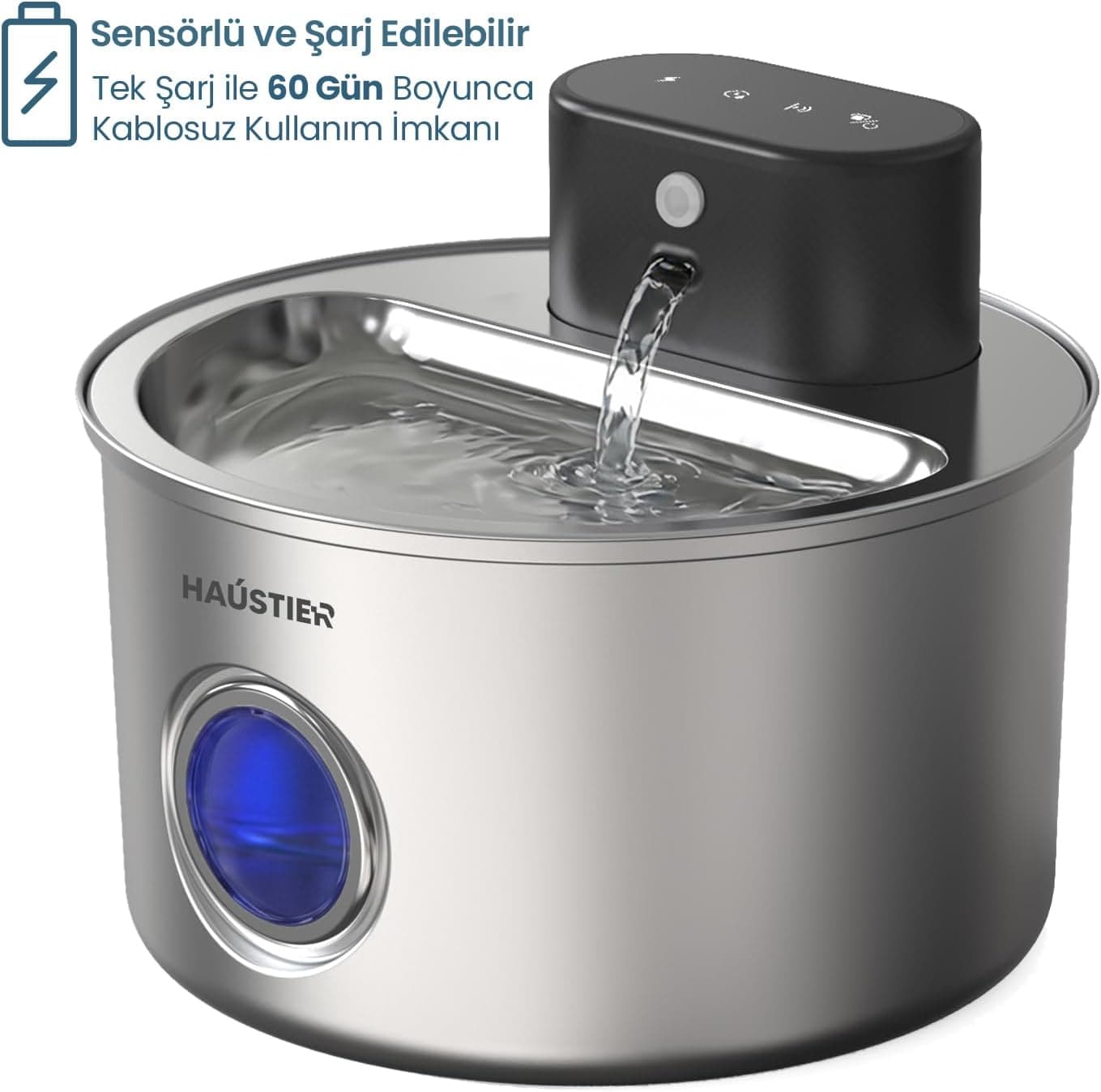 Haustier WF014 Otomatik Kedi Su Sebili, Su Pınarı, Radar Sensörlü, Şarj Edilebilir, 5200mAh Bataryalı, Kablosuz Kullanım, 4L Paslanmaz Çelik Metal Tasarım