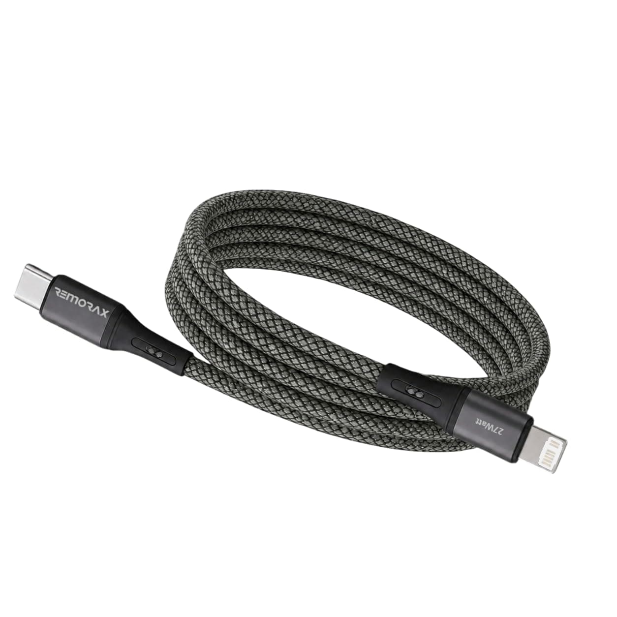 Type C-Lightning Uyumlu ÖRGÜLÜ Kablo, 27Watt PD Hızlı Şarj, REMORAX Wahoo (1Ad x 1Metre Füme)