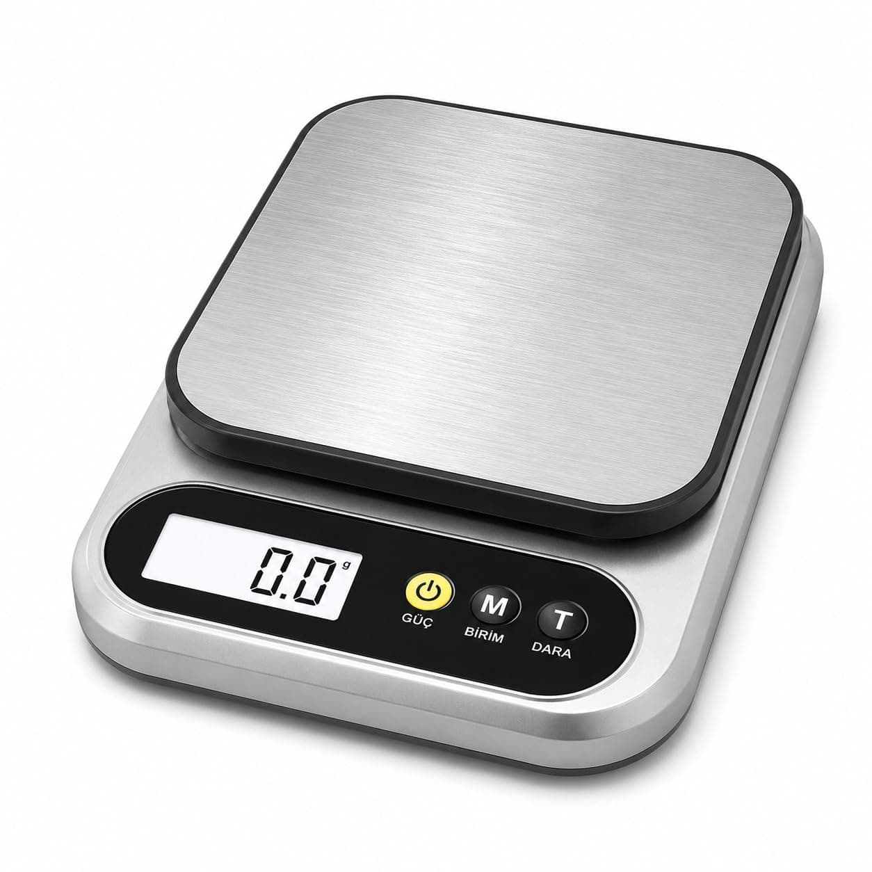 10 Kg Dijital Hassas Mutfak Tartısı - LCD Ekranlı, Paslanmaz Çelik Tartım Yüzeyi, Dara (Tare) Fonksiyonlu, Gram &amp; Ons Ölçüm, 2x AAA Pilli