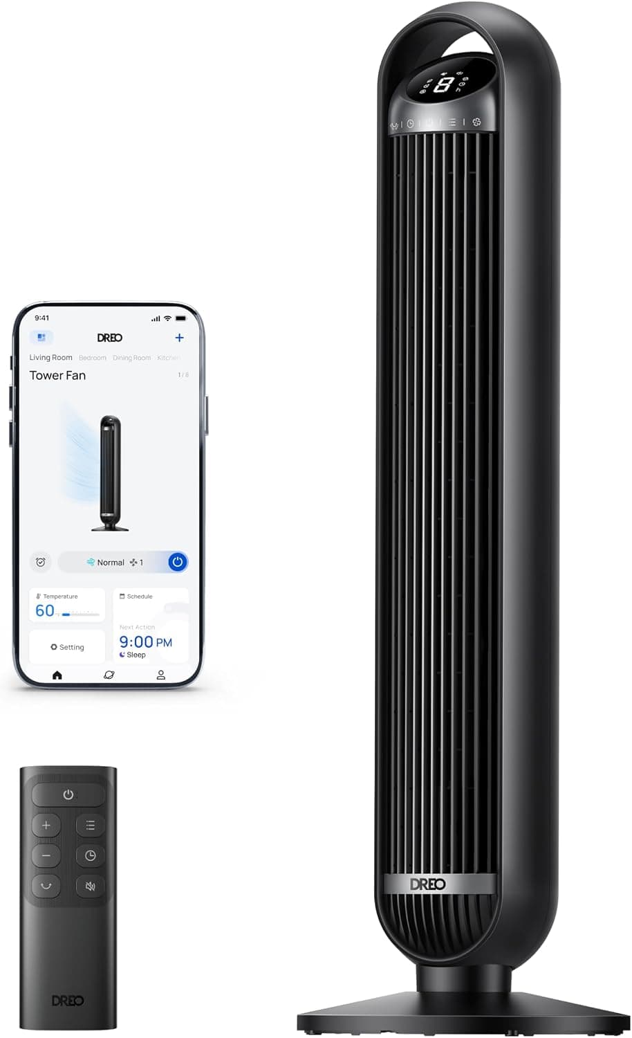 DREO 25 dB Akıllı Sessiz Kule Tipi Fan, 8 m/s Hava Akışı, 8 Hız Kademesi, 4 Çalışma Modu, DC Motorlu Serinletme, 90° Salınım, Kanatsız Tasarım, 8 Saat Zamanlayıcı, Wi-Fi/Alexa/Uzaktan Kumanda Desteği