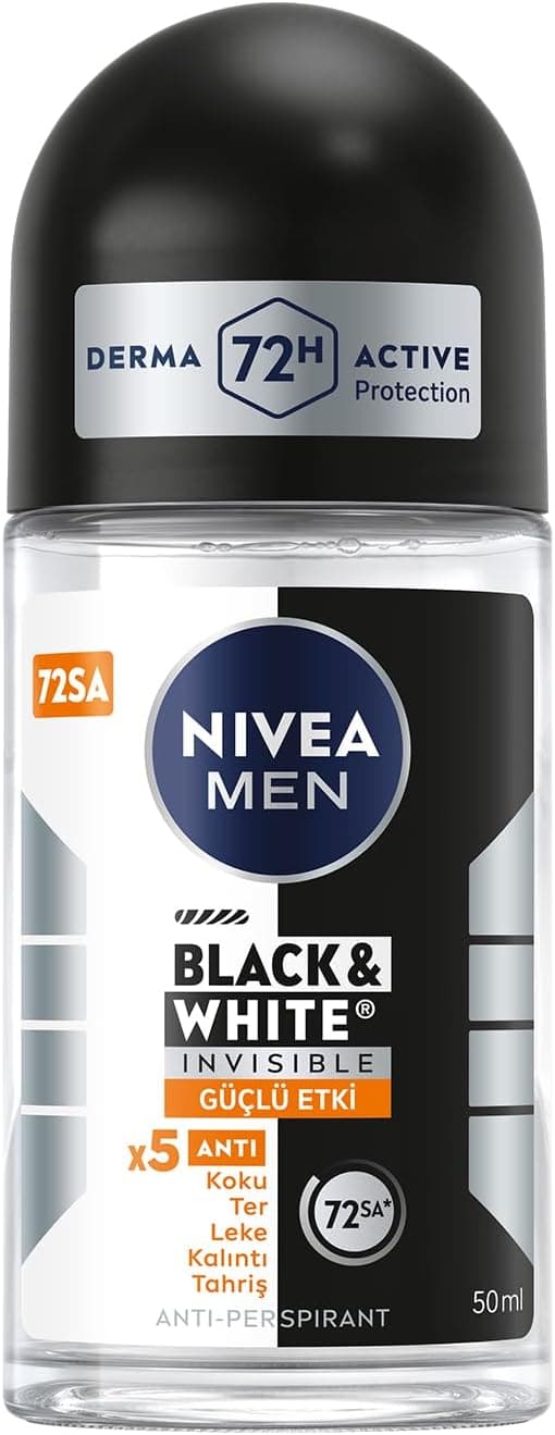 NIVEA Men Erkek Roll On Deodorant Black&amp;White Invisible Güçlü Etki 50 ml,72 Saat Anti-perspirant Koruma