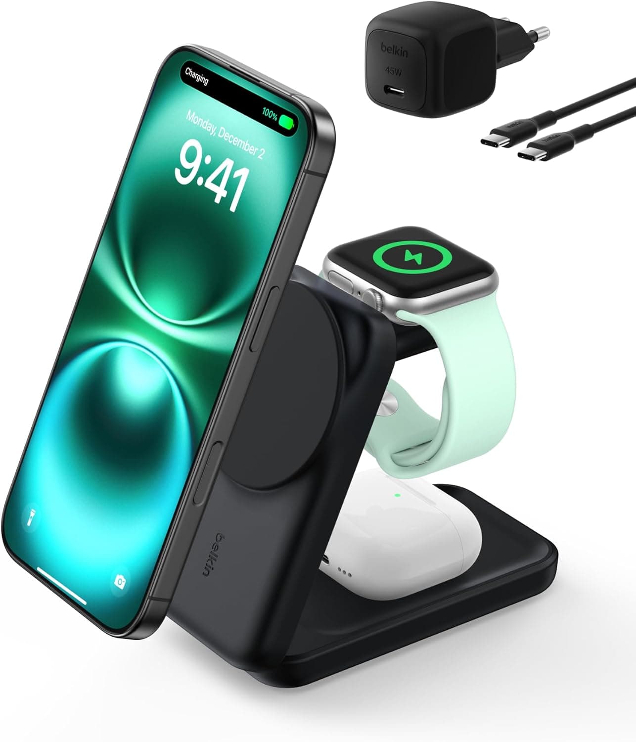 Belkin UltraCharge MagSafe Uyumlu 3’ü 1 Arada Qi2 25W Kablosuz Şarj Cihazı, iPhone 17, Apple Watch, AirPods, Pixelsnap, Dönüştürülebilir Masaüstü Standı, 45W Adaptör, Siyah