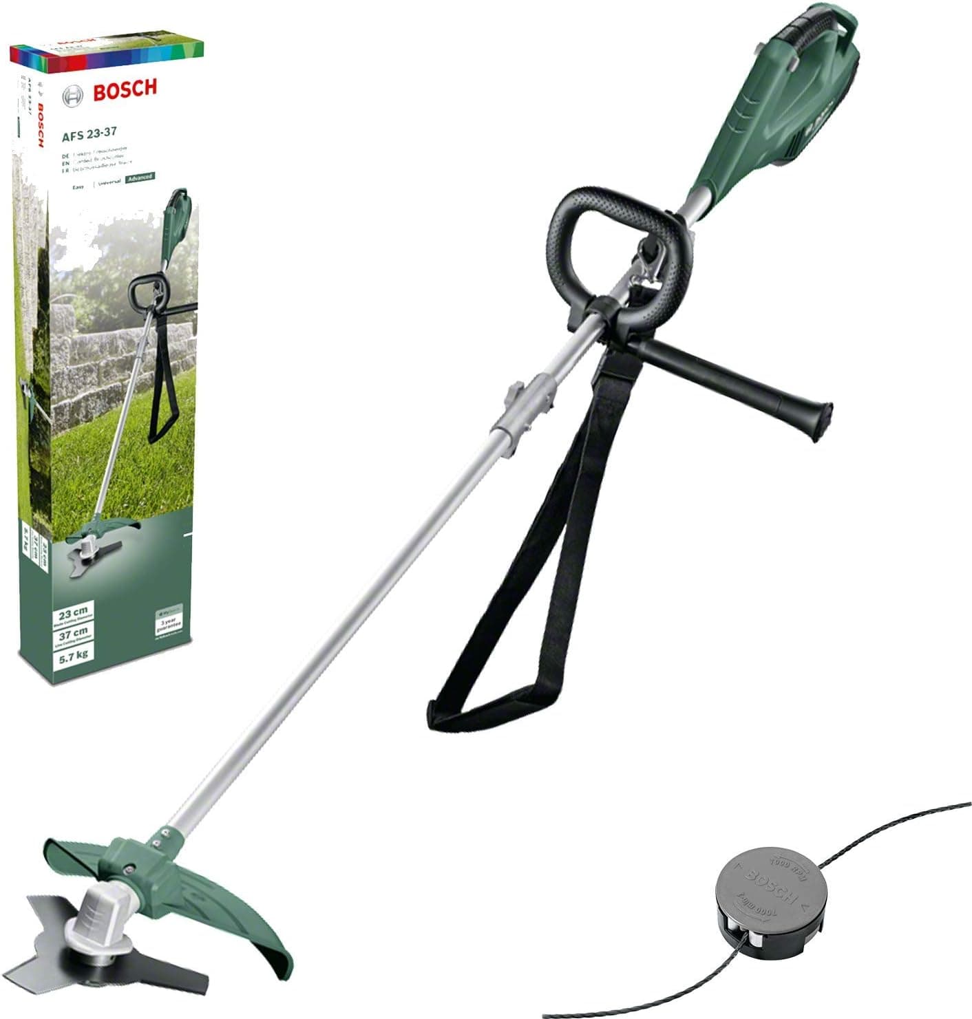 Bosch AFS 23-37 Elektrikli Tırpan, Ayarlanabilir Kayış, Kesme Genişliği 23 mm (Bıçak ile), 37 cm (Tırpan ile), 3.5 mm Tırpan Eni, 1000 W, Yeşil