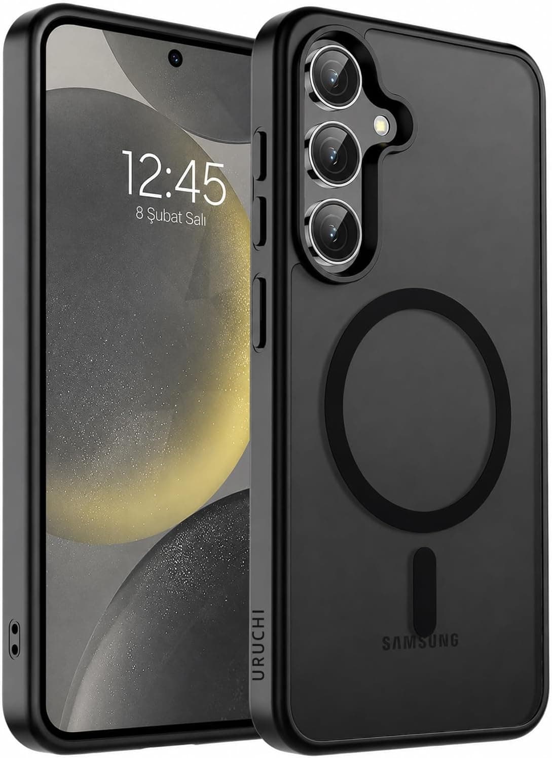 URUCHI Güçlü Manyetik Telefon Kılıfı, [Mag-Safe ile Uyumlu] [Askeri Düzey Düşme Koruması] [Güçlü Silikon Kenarlar] İnce Yarı Saydam Mat Koruyucu Kılıf (Siyah, Samsung S25 FE)