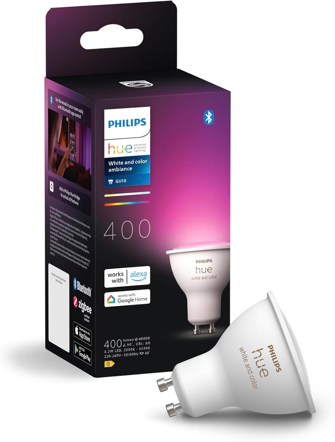Philips Hue 4.2W Renkli Akıllı Spot Ampul GU10 Bluetooth uyumlu, Alexa, Apple Home ve Google Assistant ile sesli kontrol - 25.000 Saat Ampul Kullanım Ömrü