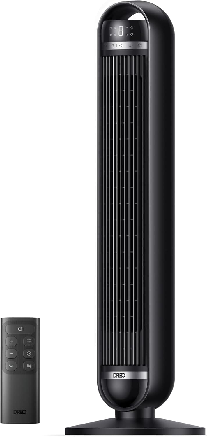 DREO 36 İnç Kule Tipi Fan, Ev ve Yatak Odası Kullanımı, 8,5 m/s Güçlü Hava Akışı, 8 Hız Kademesi, 4 Çalışma Modu, 25 dB Sessiz Kanatsız Tasarım, 90° Salınım, 8 Saat Zamanlayıcı, LED Ekran