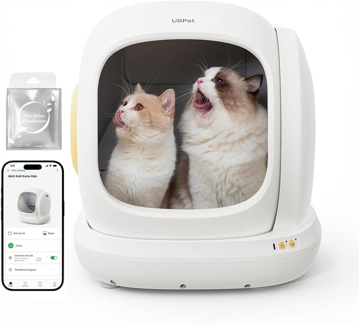 UBPET C20 Akıllı Kedi Tuvaleti, Mobil Uygulama Kontrollü, Otomatik Temizleme, Çift Deodorant Sistemi, 38dB Sessiz, Ağırlık Sensörlü, Koku Hediyeli