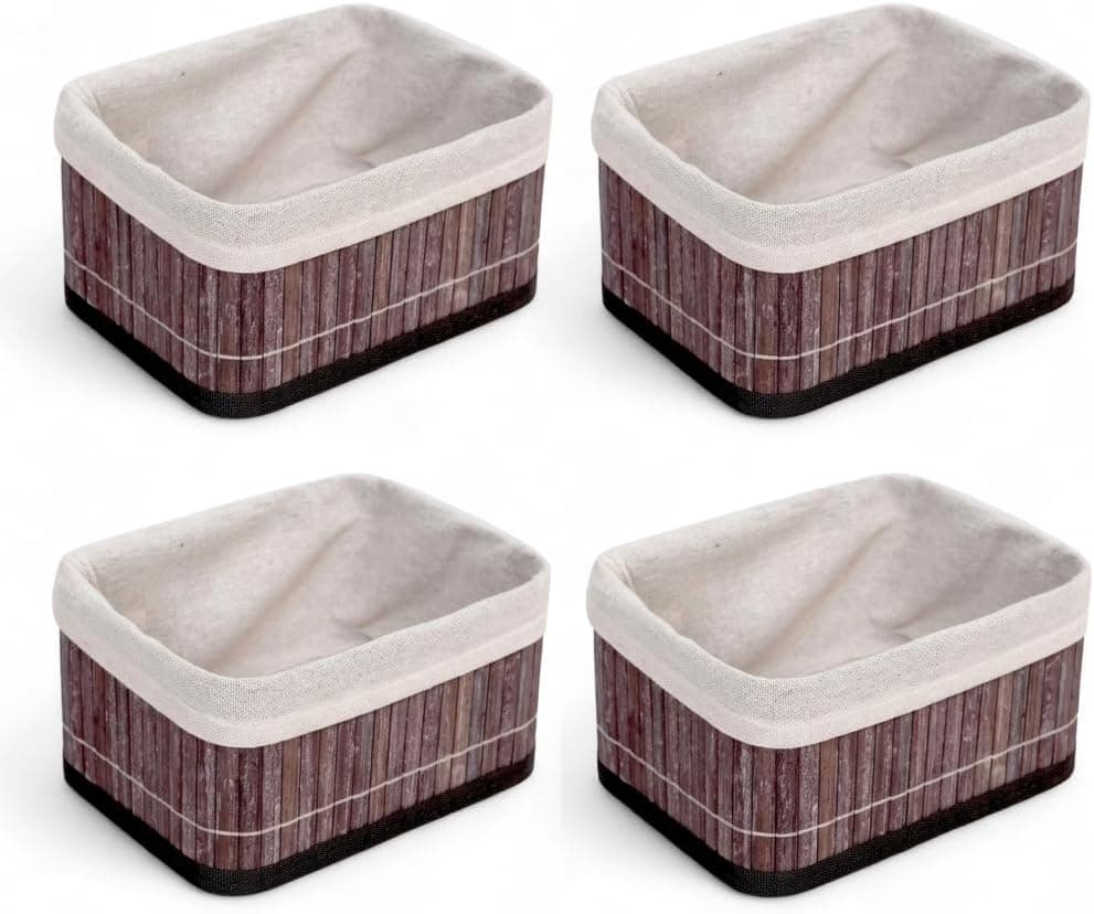 Deconox Mini Dikdörtgen Bambu Düzenleyici ve Saklama Sepeti – Gri Ahşap Banyo, Makyaj ve Ofis Organizeri, Kumaş Astarlı Dekoratif Kutu (20x15x10 cm) (4 ADET)