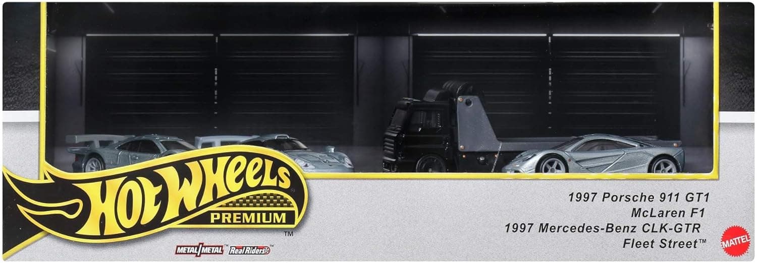 Hot Wheels Premium Collector sergilenmeye uygun setler, 3 adet 1:64 ölçekli araba ve 1 adet 1:64 ölçekli Team Transport araç, Metal/Metal şasi ve Real Riders tekerlekler, JBM07