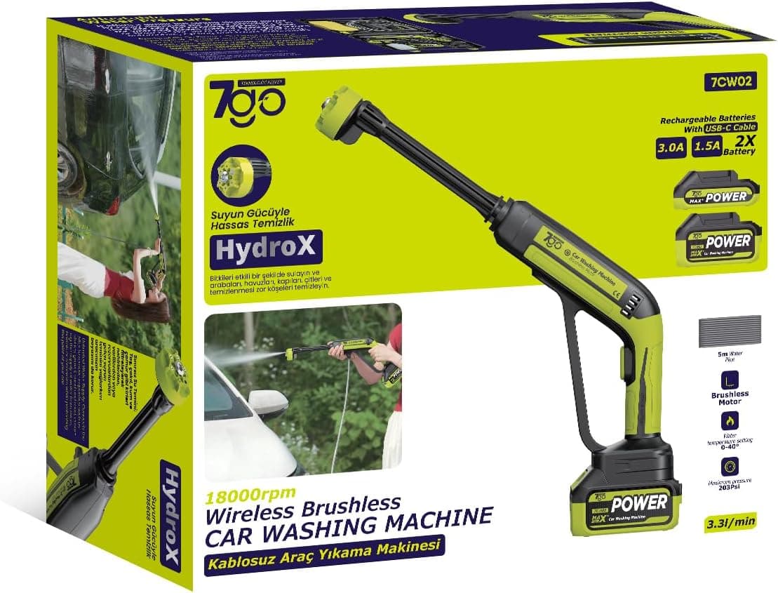 7GO 7CW02 Akülü Şarjlı Yüksek Basınçlı Araç ve Bahçe Yıkama Temizleme Tabancası 18000 RPM Fırçasız Motor 203 PSI Maksimum Basınç 2x Li-ion Batarya USB-C Hızlı Şarj 5m Hortum Köpük Tabancası
