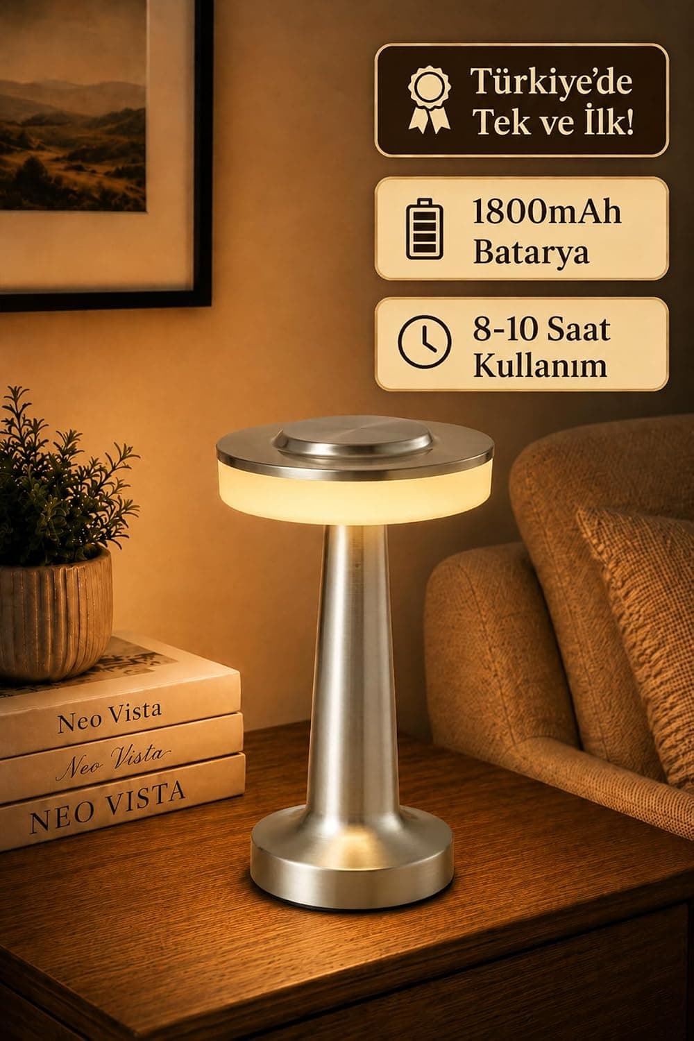Neo Vista Dokunmatik Mantar Masa Lambası, Şarjlı, Dim Edilebilir, Dekoratif, Silver Gümüş Renkli