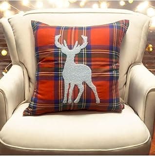 Asdiva Outlet Yılbaşı Kırlent Kılıfı Kırmızı Ekose Kumaş Beyaz Punch Geyik Desenli Süzene Panç 43X43