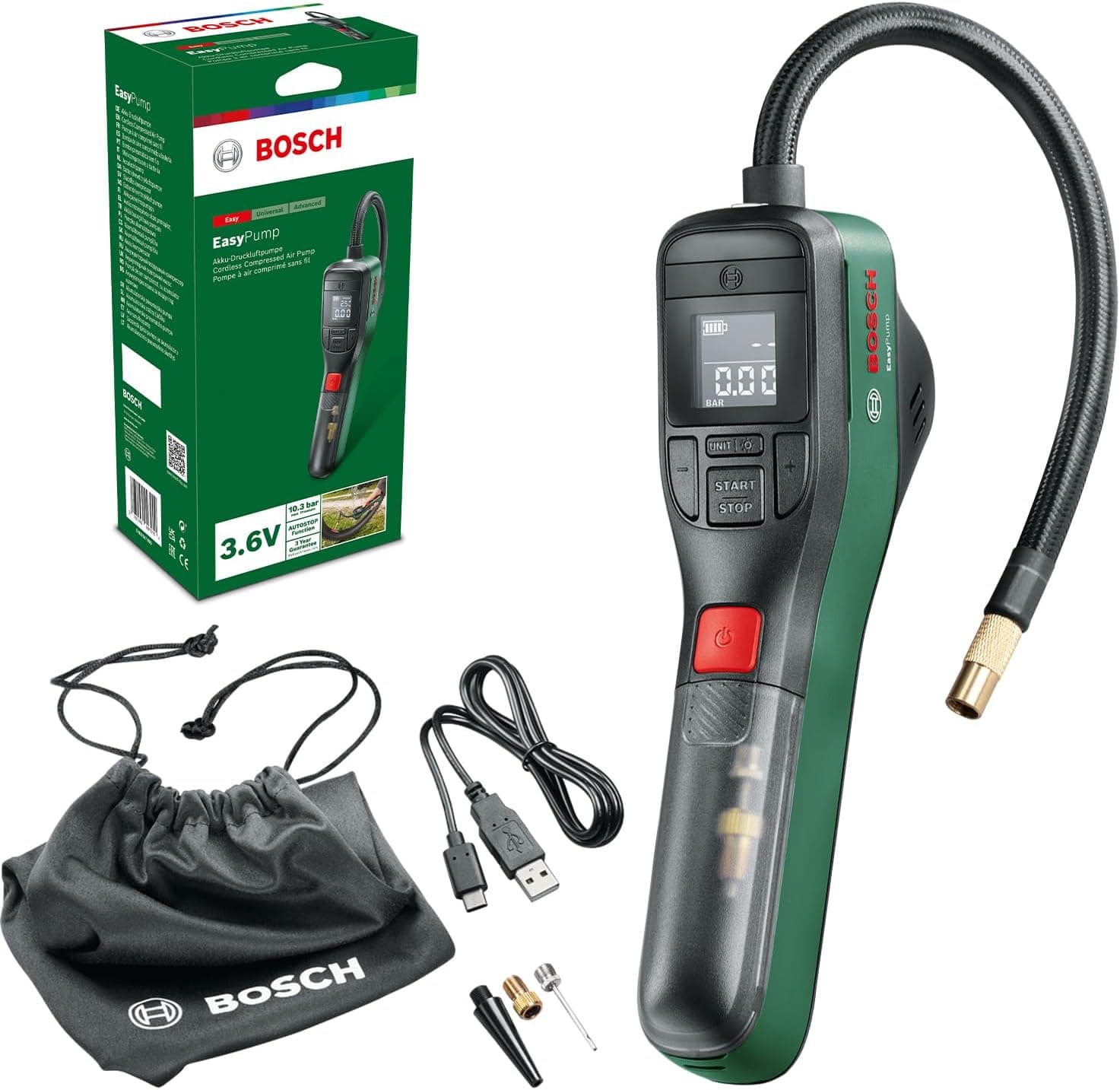 Bosch Home and Garden Easypump Elektrikli Hava Pompası Mini Kompresör, 3.0 Ah Akü, 3.6 V, Otomatik Durdurma Fonksiyonu, 150 Psi, 10.3 Bar, Led, Usb-C Şarj, Yeşil