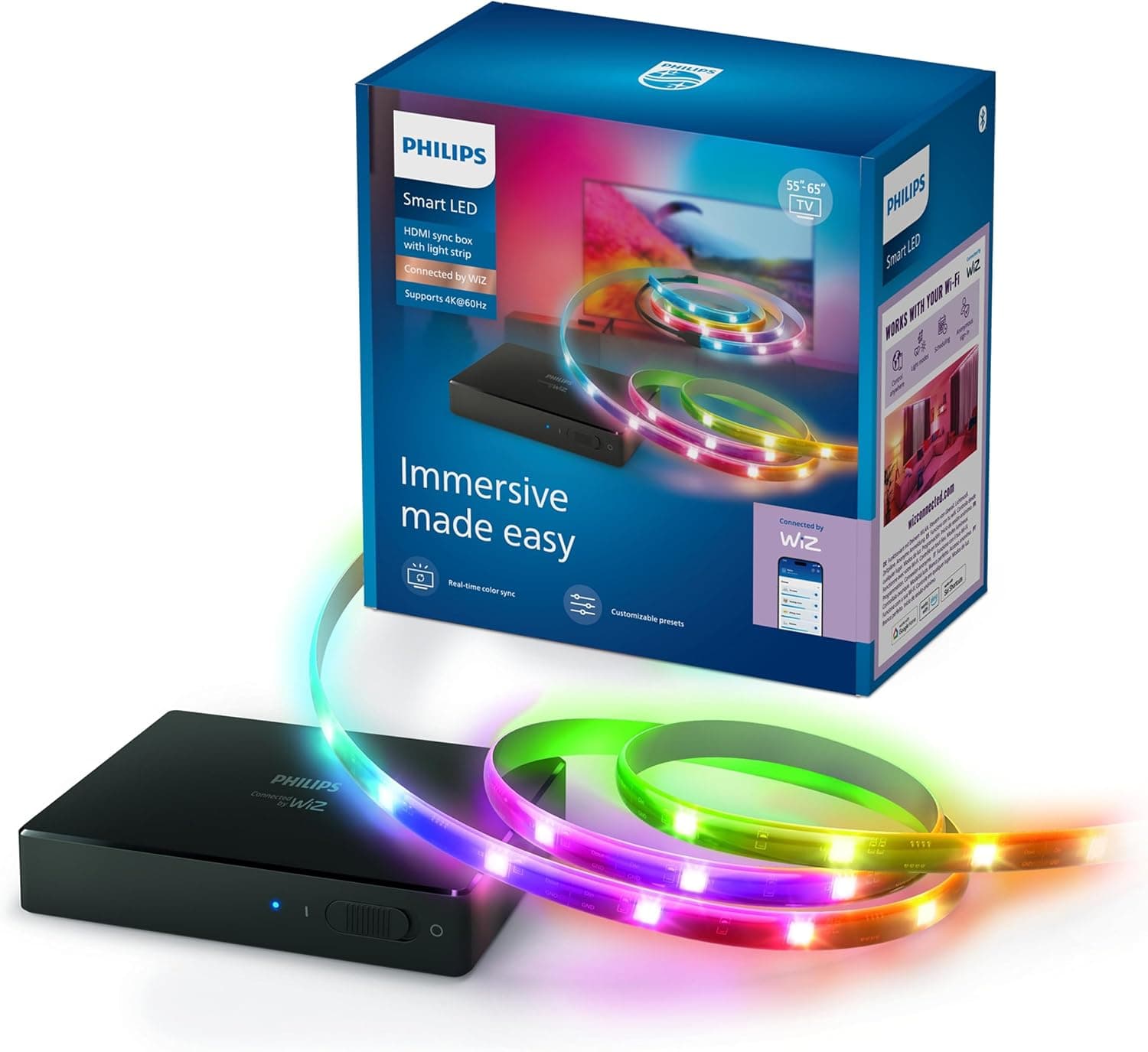 Philips Smart Lighting HDMI Sync Box TV arka ışığı, RGBIC LED şeritler, 55 – 65 inç TV'ler için, senkronizasyon. m. Film, müzik, HDMI 2.0, 4K, 60 Hz'de bağlanır, WiZ ile bağlanır, harici video kaynağı