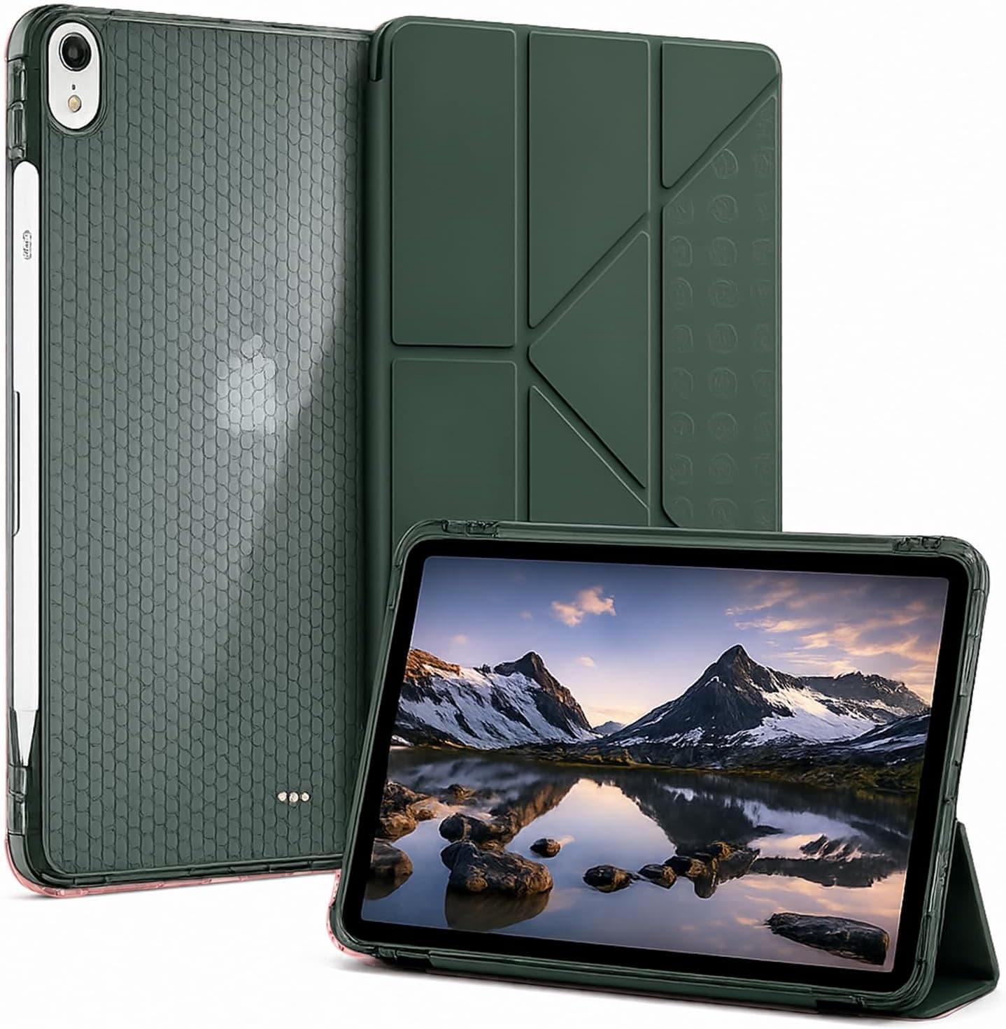 URUCHI [Kalem Bölmeli] Galaxy Tab S11 Tablet Kılıfı, Koyu Yeşil, SM-X730 SM-X736B Uyumlu Samsung Tablet Kabı, Kalem Yuvalı Katlanır Kapak, 4 Kademeli Stand, Şeffaf Petek Dokulu Silikon Arka