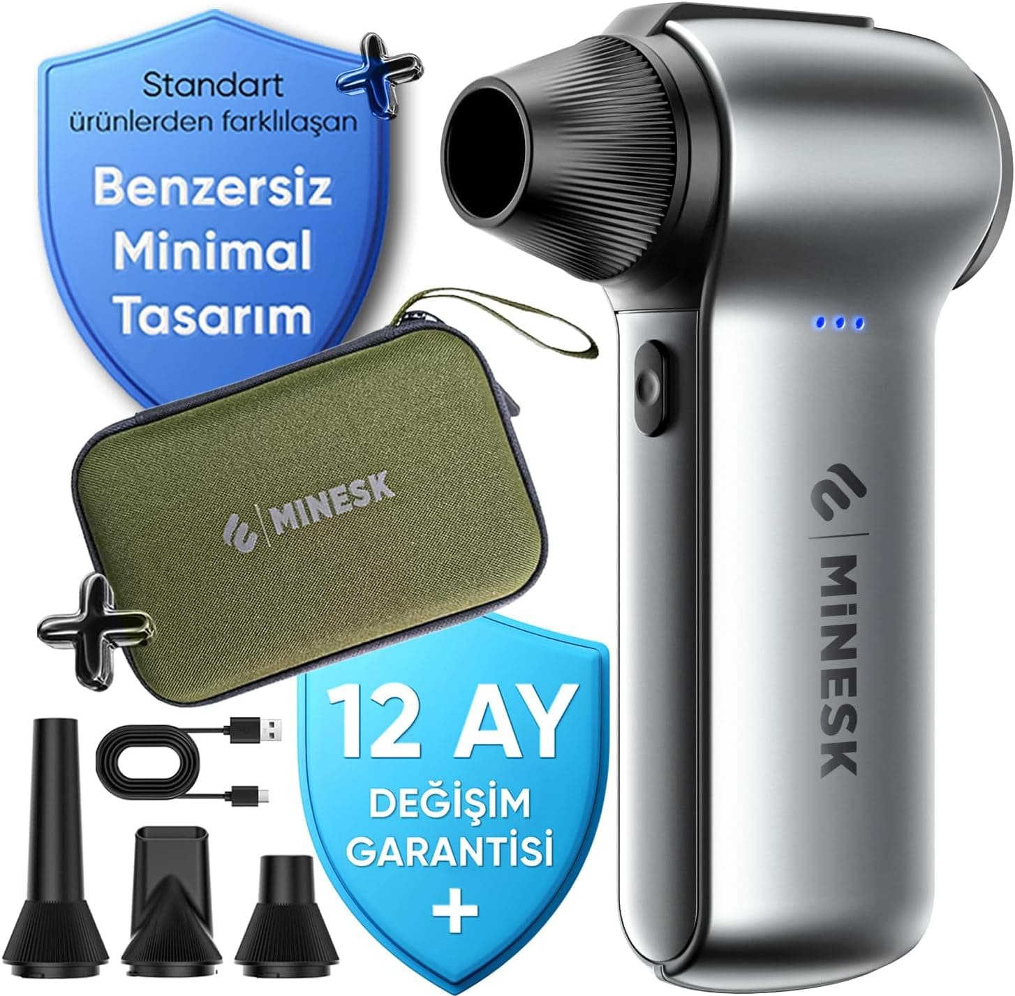 Minesk G150 Turbo Jet Fan Hava Üfleyici - 【Turbo Modda 150 Gram Hava Basıncı】- Çok Amaçlı Kullanım (Klavye, Ev, Araba Temizliği, Toz Üfleme,) - Taşıma Çantalı ve Ekstra Nozullu
