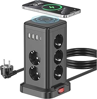 Akım Korumalı Çoklu Priz, 11 Adet AC Girişi, 3 Adet USB, 1 Adet Type-C Girişi, Kablosuz Şarj, 1.4 Metre Kablo Uzunluğu, Tüm Elektronik Cihazlarla Kullanıma Uygun 15 Portlu Çoklu Şarj İstasyonu