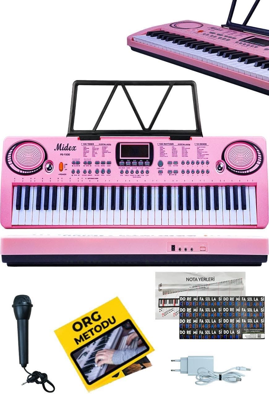 Midex PS-1500PK Başlangıç İçin 61 Tuşlu Org Pembe Renk Notalık Adaptör Mikrofon (100 Ses 100 Ritim)