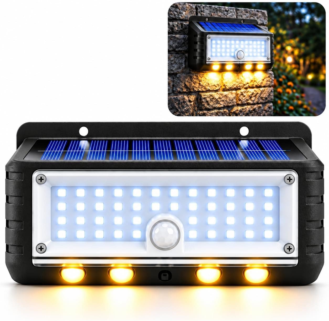 Panter Solar Hareket Sensörlü LED Duvar Lambası 3W 44 SMD Beyaz, 4 Gün Işığı LED, 300 Lümen, IP65 Su Geçirmez, 3 Modlu Güneş Enerjili Aplik, Balkon ve Bahçe Aydınlatması