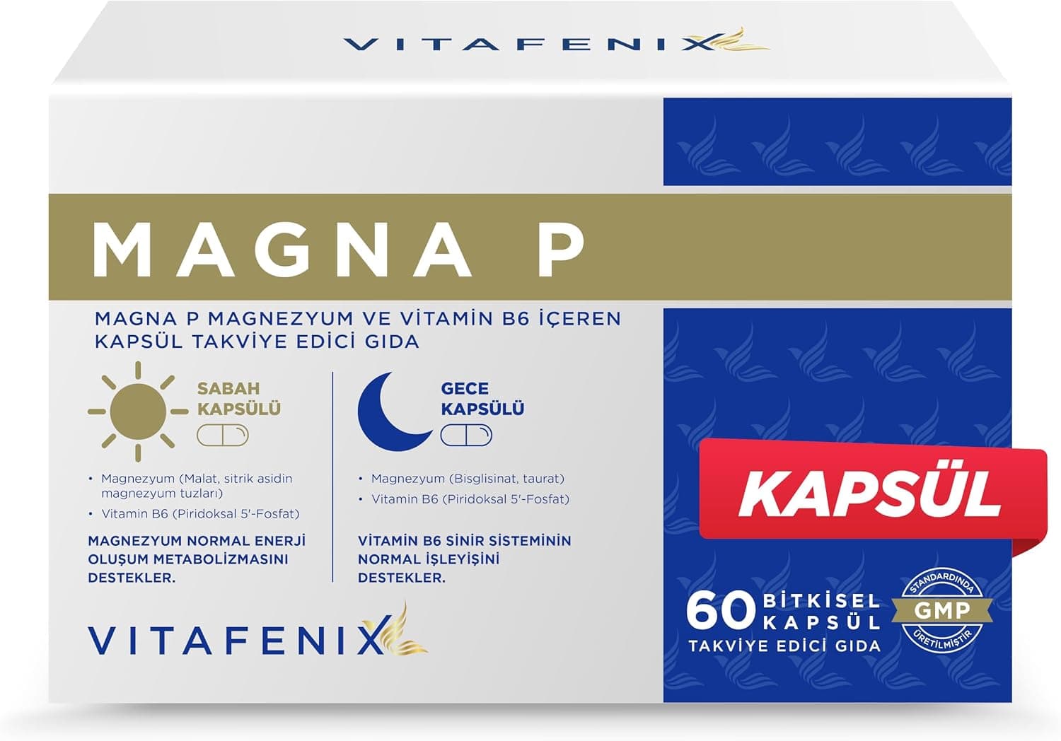Vitafenix Magna P Magnezyum Complex - Malat Sitrat Glisinat Taurat ve B6 ile Gece Gündüz Kapsül Magnezyum Takviyesi