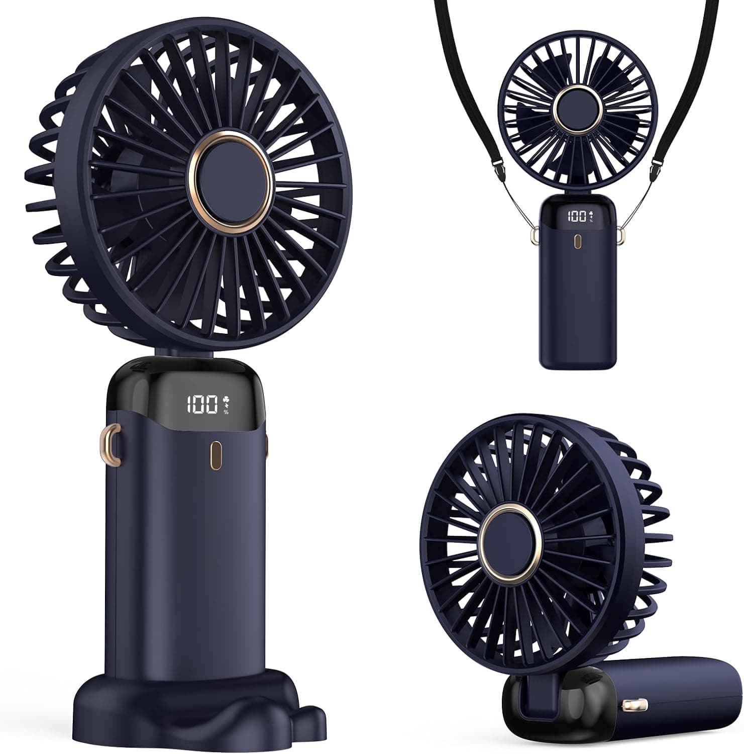 Taşınabilir USB Vantilatör, 4200mAh Şarjlı El Tipi Fan, LED Ekranlı, 3'ü 1 Arada El/Boyun/Masa Fanı, Yaz, Ofis, Seyahat için, Kadınlar, Kızlar ve Çocuklara Hediye (Lacivert)