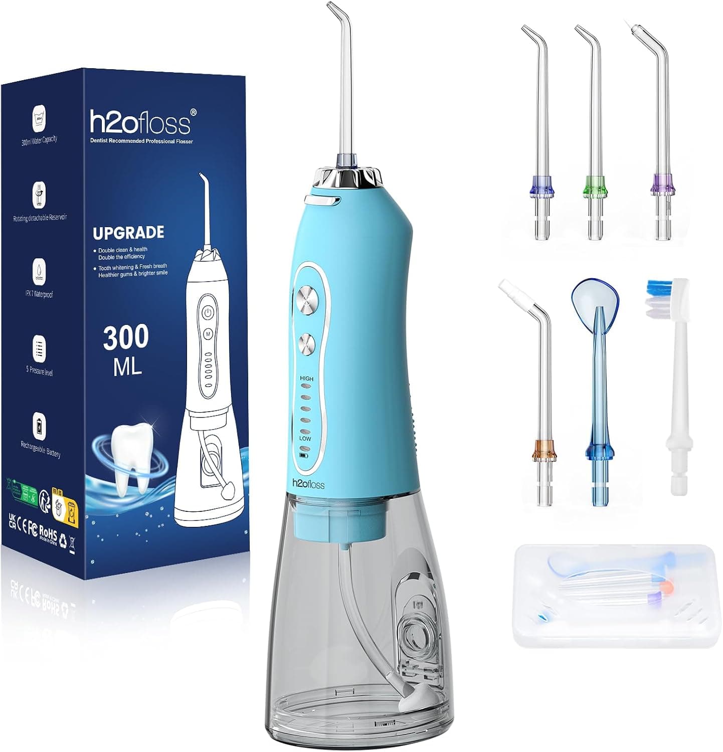 H2ofloss Şarjlı Kablosuz Ağız Duşu, Hızlı ve Etkili Diş Arası Temizliği – 300 ml Su Hazneli, 5 Modlu, 6 Başlıklı, IPX7 Su Geçirmez, Diş Taşı Temizliği (Gök Mavi)