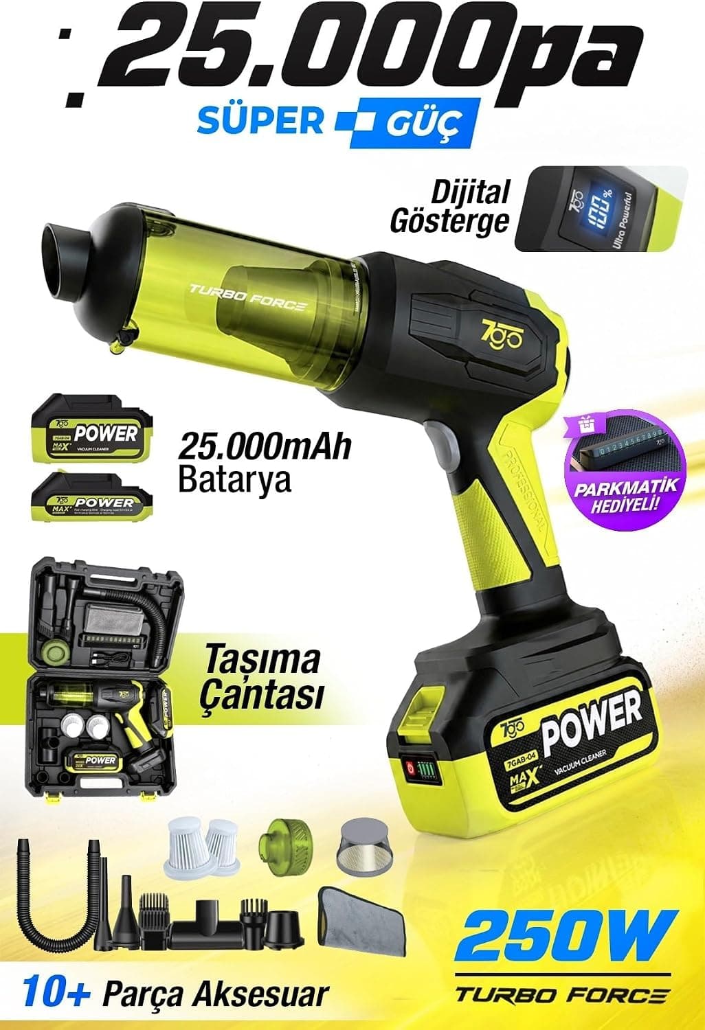 7Go 7Gab-04 25.000 Pa Şarjlı Araç Süpürgesi Ve Hava Üfleme Makinesi – 90.000 Rpm Fırçasız Motor, 2'S