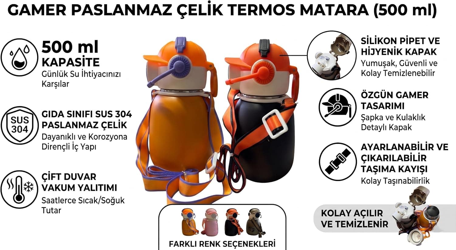Paslanmaz Çelik Termos Matara, Silikon Pipetli, Omuz Askılı, Sızdırmaz Contalı ve Tuşlu Kapak, Oyuncu (Gamer) Tasarımlı Termos Matara (Turuncu)