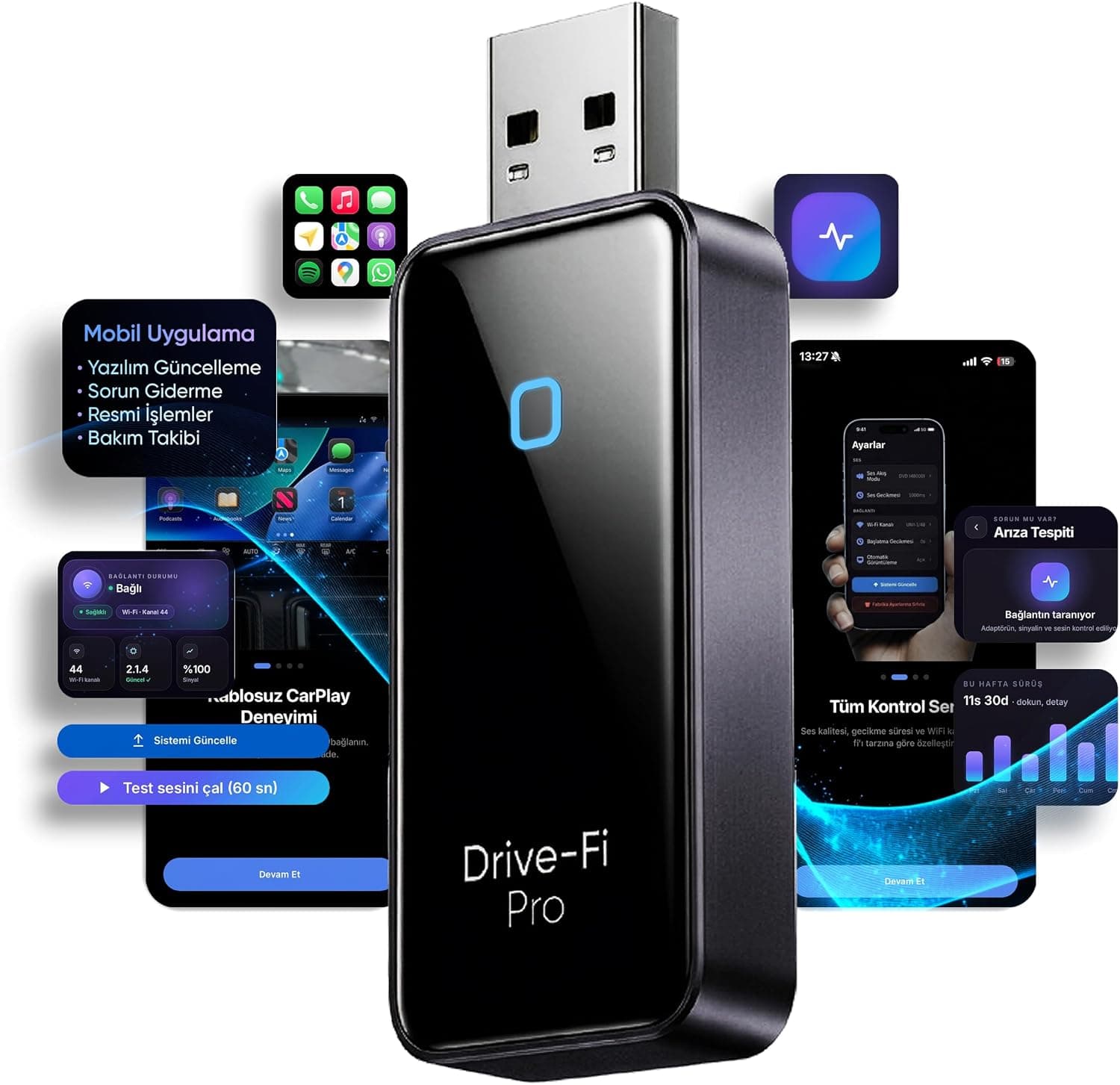 Minesk Drive-Fi PRO iPhone için Kablosuz CarPlay Adaptörü/Mobil Uygulama Desteği / 0.5 Saniye Düşük Gecikme/Otomatik Bağlantı/Arm - Cortex A7 İşlemci/Otomatik Araç Tanıma