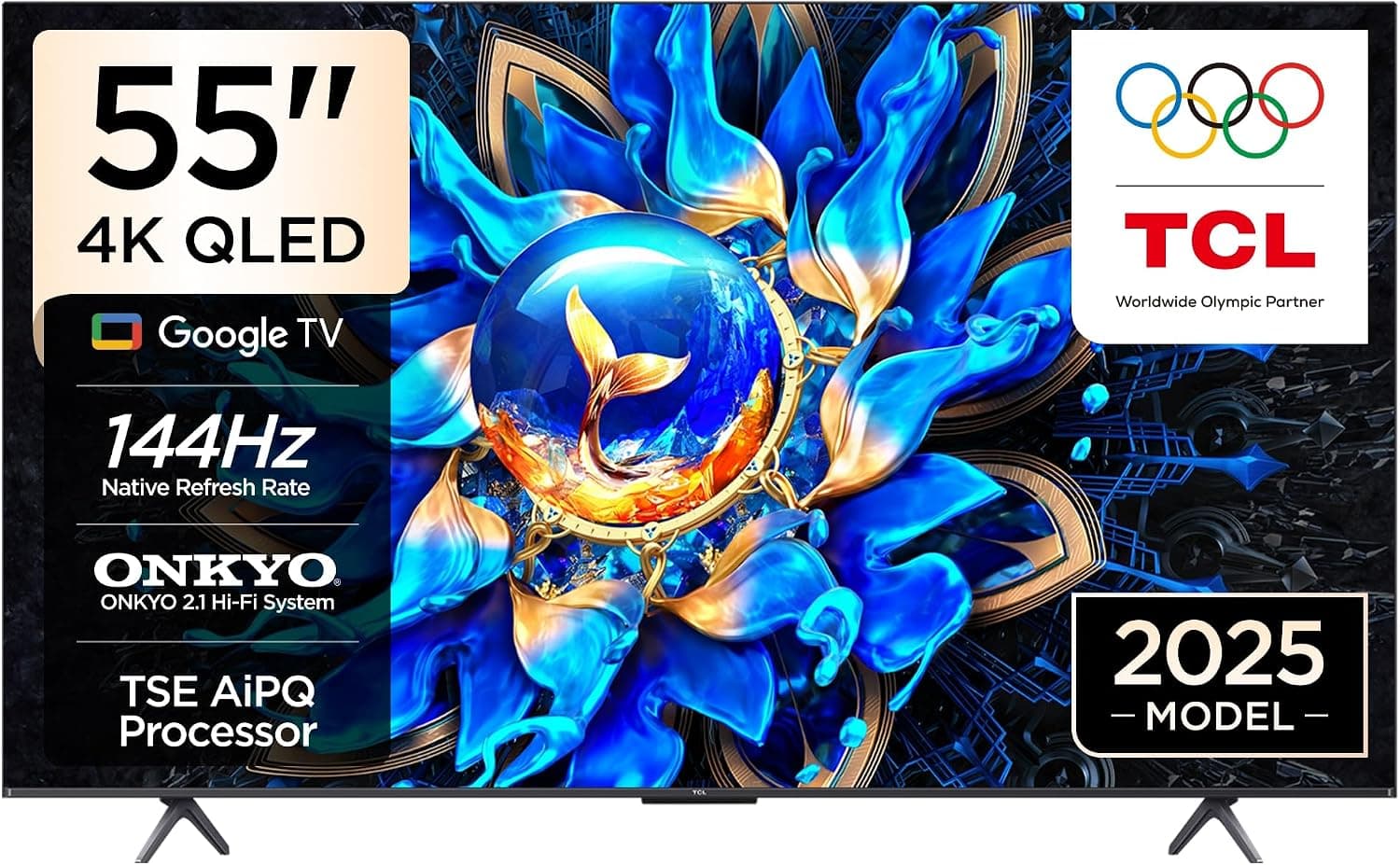 TCL 55 inç Akıllı TV 55T8C 4K QLED Renkli Quantum Crystal HDR10+ Oyun Google TV, 144Hz Doğal Yenileme Hızı, ONKYO 2.1 Hi-Fi Ses Sistemi, Dolby Atmos, DTS Virtual X, MEMC, Game Master (2025 Modeli)