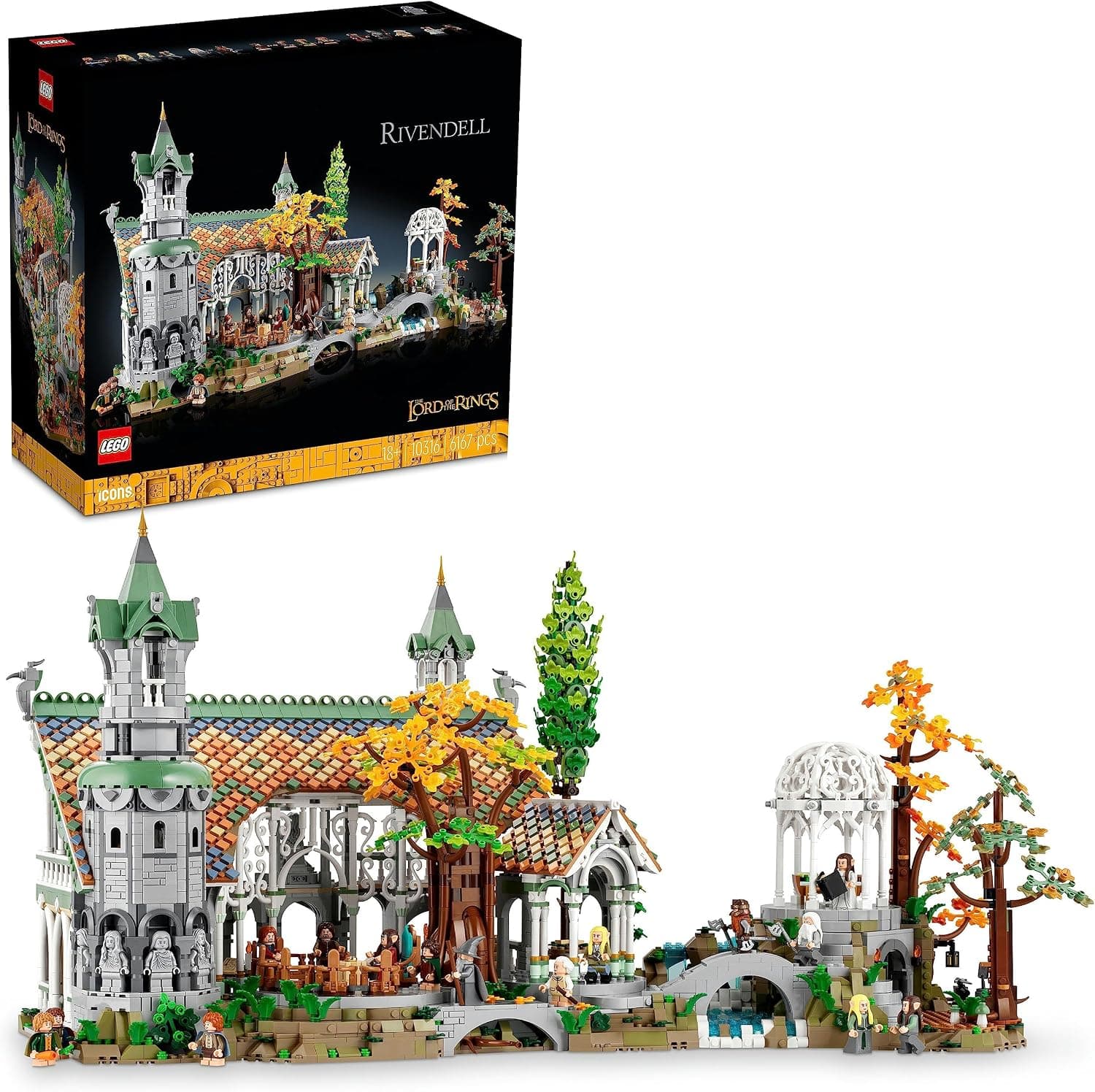 LEGO Icons YÜZÜKLERİN EFENDİSİ: RIVENDELL 10316 | Yetişkinler için Sam ve Gri Gandalf Dahil 15 Minifigür İçeren Yaratıcı Model Yapım Seti, Hediye Fikri (6167 Parça)