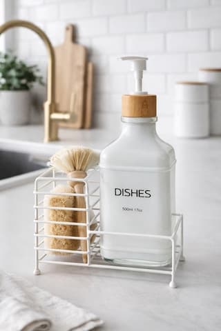 Makri Home Metal Stantlı Bambu Kapaklı Cam Sıvı Sabunluk/deterjanlık, 500 Ml, 15 8,5 23 Cm Beyaz