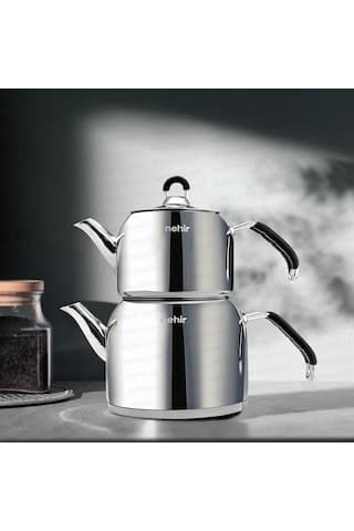 Nehir Modern Maxi Büyük Boy Paslanmaz Çelik 1.6-2.5 Lt. Çaydanlık Takımı