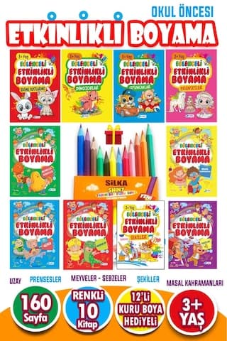 12 Adet Kuru Boya Hediyeli 10 Kitaplı Eğitici Ve Etkinlikli Boyama Seti