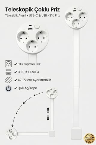 Teleskopik Çoklu Priz 3 Lü Topraklı + Usb-c & Usb-a, Yükseklik Ayarlı, Işıklı Anahtarlı Uzatma Prizi 0.7 M