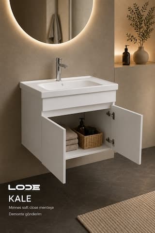 Lode Bath Kale Beyaz Demonte Lavabolu Alt Banyo Dolabı, Seramik Lavabo Dahil 70 Cm