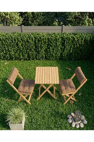 Duo Balkon Bahçe Mutfak Katlanır Masa Bej Rengi Minderli Sandalye Bistro Set Kahverengi