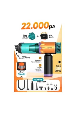Matt Mcv22 Şarjlı Araç Süpürgesi Sarı 22.000pa Güçlü Vakumlu Mini El Süpürgesi Type-c Şarjlı 220ml