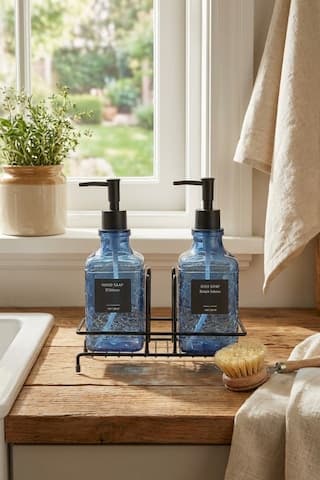 Makri Home Modern Cam Sıvı Sabunluk & Deterjanlık Seti-500 Ml Cam Sabunluk, Metal Stand'lı Siyah