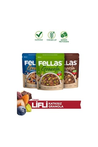 Fellas Granola 3'lü Mix Paket - Yaban Mersinli 200 G Fındık 200 G Antep Fıstığı 200 G