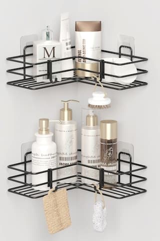 Zabata Yapışkanlı 2 Adet Banyo Köşeliği Köşe Rafı Duş Şampuanlık Duvar Düzenleyici Organizerraf Siyah Metal Siyah