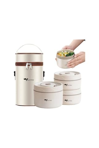 Valkyrie 3 Gözlü Paslanmaz Çelik Isı Yalıtımlı Yemek Kabı Seti Çantalı 304 Steel 2 X 420ml + 550ml Krem